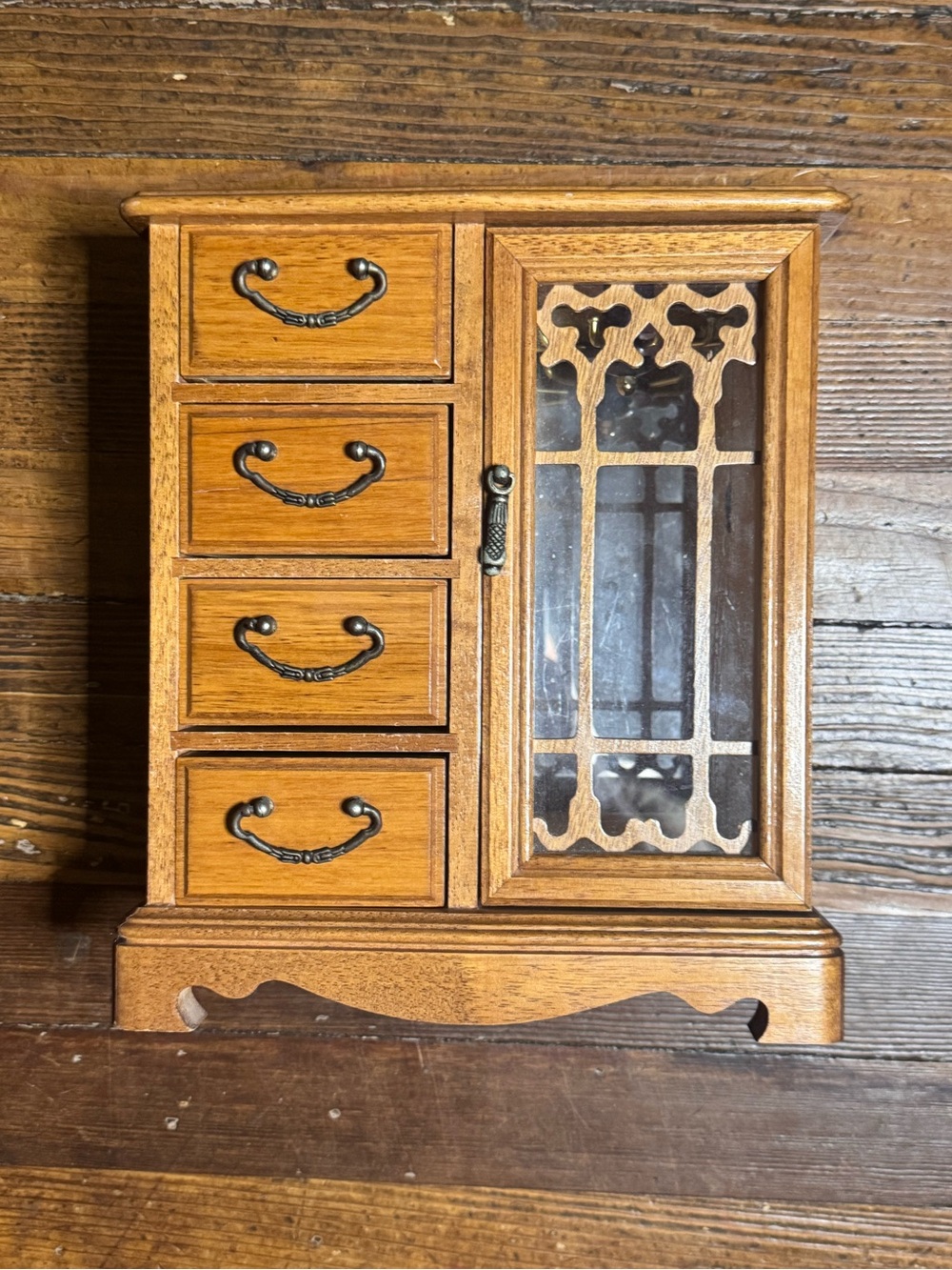 Wood Jewelry Box Chest Cabinet 4 drawers  Necklace Hanger Ring Storage Vintage